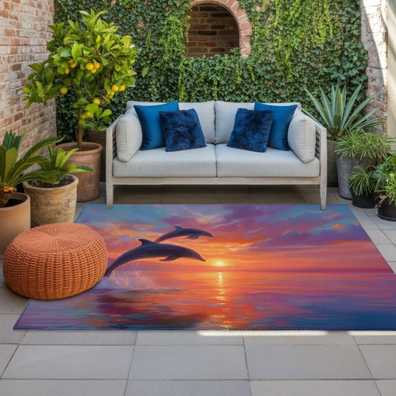 Sunset Dolphin Indoor Outdoor Rugs 3x5 Ft, Dreamy Sunset Jumping Dolphins Outdoor Patio Rugs Mat Washable Outside Area Rugs Carpet for Porch Deck RV Camping Pool Balcony Backyard
