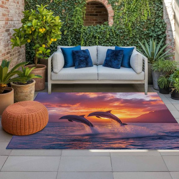Sunset Dolphin Indoor Outdoor Rugs 3x5 Ft, Dreamy Sunset Jumping Ocean Dolphins Outdoor Patio Rugs Mat Washable Outside Area Rugs Carpet for Porch Deck RV Camping Pool Balcony Backyard