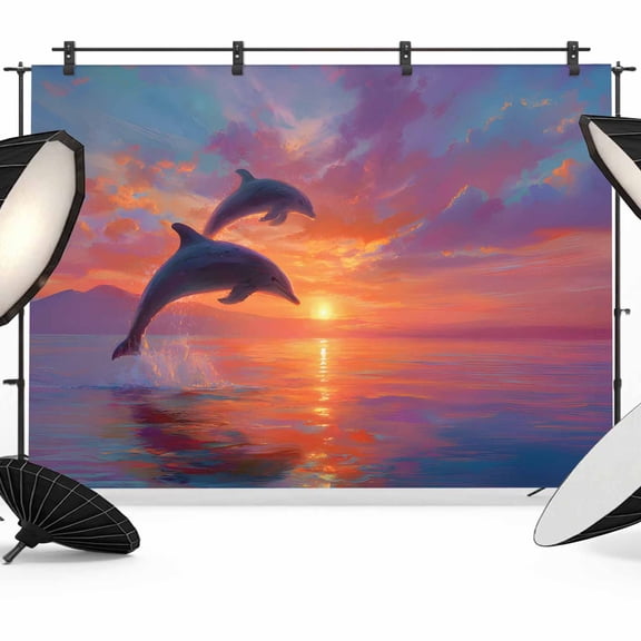 Sunset Dolphin Photography Backdrop 7x5FT, Dreamy Sunset Jumping Dolphins Photo Backdrops, Background for Photography Studio Photo Studio Background, Back Drop for Photoshoot