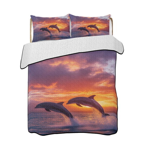 Sunset Dolphin Quilts Bedding Set King Size Dreamy Sunset Jumping Ocean Dolphins Lightweight Quilted Bedspread 3 Piece Bed Quilt with 2 Pillow Shams All Season for Bedroom 90" x 96"