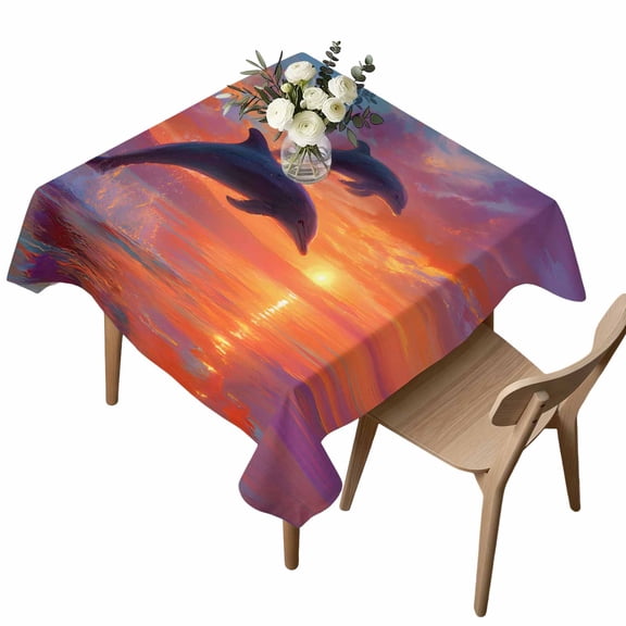 Sunset Dolphin Square Tablecloth Dreamy Sunset Jumping Dolphins Waterproof Wrinkle Free Soft Table Cloth Spill-Proof Washable Table Cover for Dining Party Picnic 54 x 54 Inch