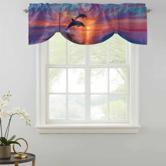 Sunset Dolphin Tie Up Valances Curtain, Dreamy Sunset Jumping Dolphins Adjustable Valance for Window Light Filtering for Kitchen and Bathroom Rod Pocket 1 Panel 42x12in