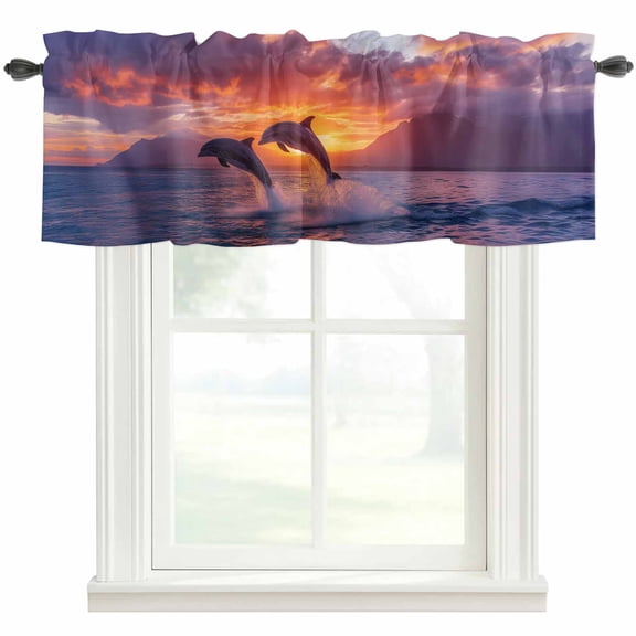 Sunset Dolphin Valances for Windows Dreamy Sunset Jumping Ocean Dolphins Rod Pocket Curtain Valance Window Treatment Short Curtains for Kitchen Living Room, 42"x12"
