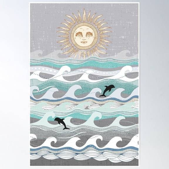 Sunset Dolphin Waves- Vintage Wall Arttrendy Retro Print Room Decor Wall Art, Poster Only