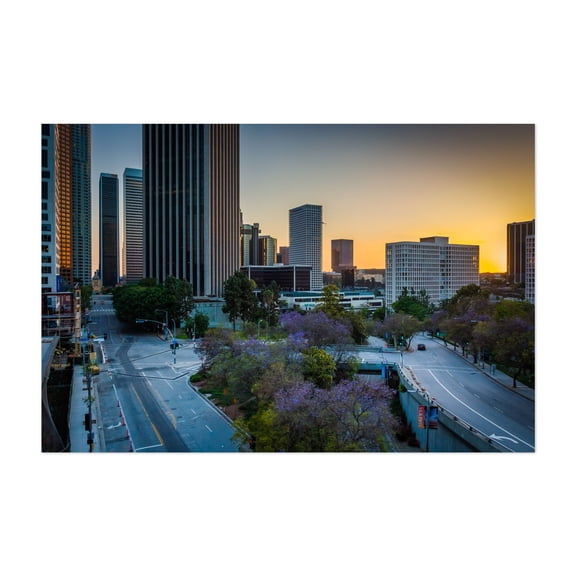 Sunset over Downtown - Los Angeles California Photography City Skyline Architecture Sunset Modern Art Travel Poster Unframed Wall Art Print 40 x 60 inches