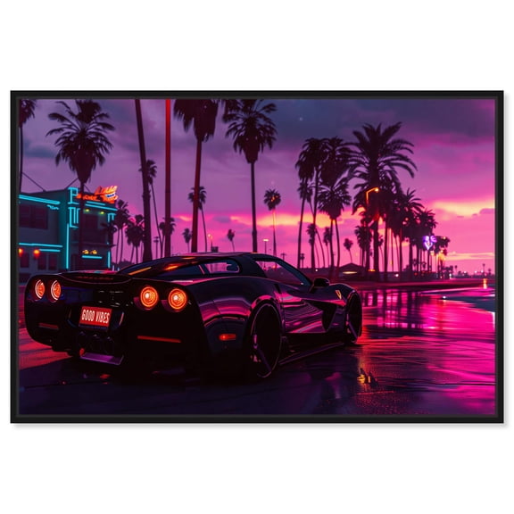 Sunset Drive Down Cali Beach Canvas Neon Art Prints by Art Remedy, Black Frame, 36" x 24"