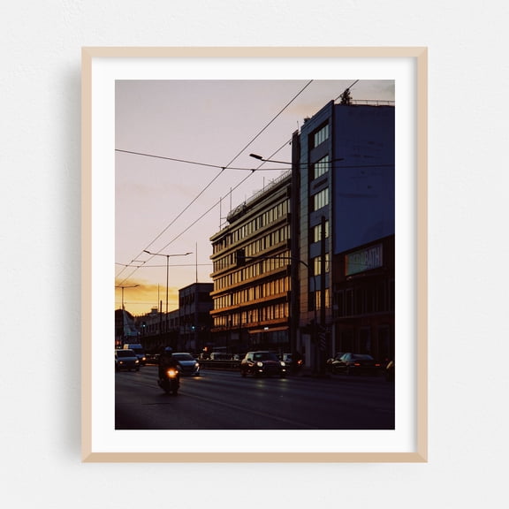 Sunset Drive - Piraeus Greece Photography Cityscape Sunset Architecture Street Photography Silhouette Vintage Oak Framed Wall Art Print 18 x 24 inches