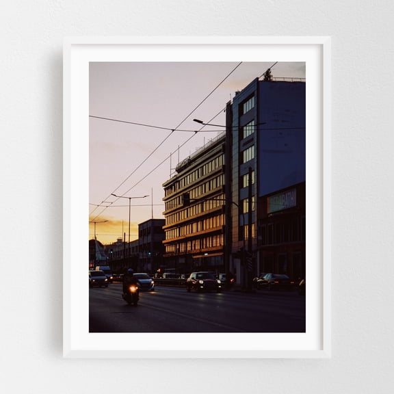 Sunset Drive - Piraeus Greece Photography Cityscape Sunset Architecture Street Photography Silhouette Vintage White Framed Wall Art Print 6 x 8 inches