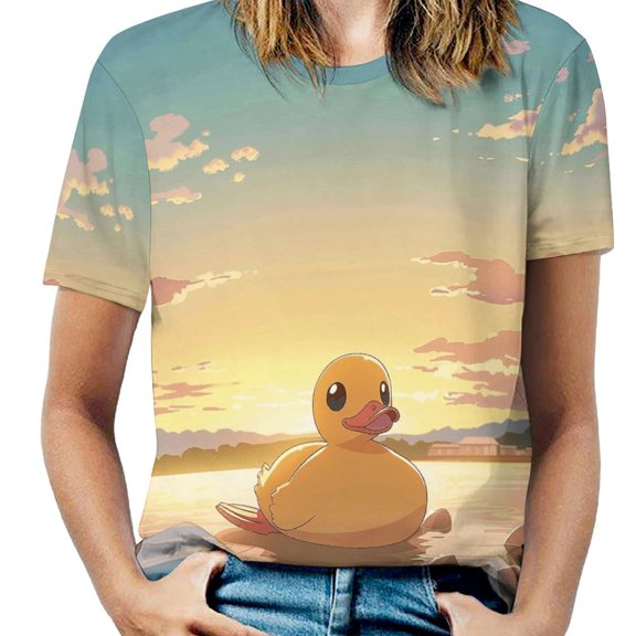 Sunset Duck Lake Women's Short Sleeve T-Shirt Crew Neck Casual Summer Trendy Loose Fit Tops