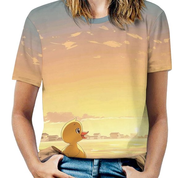 Sunset Duckling Scene Womens Tops Women's Fashion Casual Short Sleeve Flower Print Round Neck Pullover Top Blouse