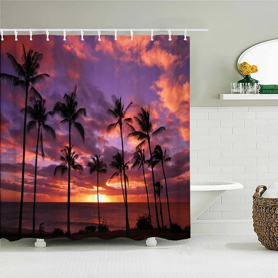 Sunset Dusk Beach Palm Tree Seaside Scenery Fabric Shower Curtain Waterproof Bath Curtains for Bathroom Decorate with 12