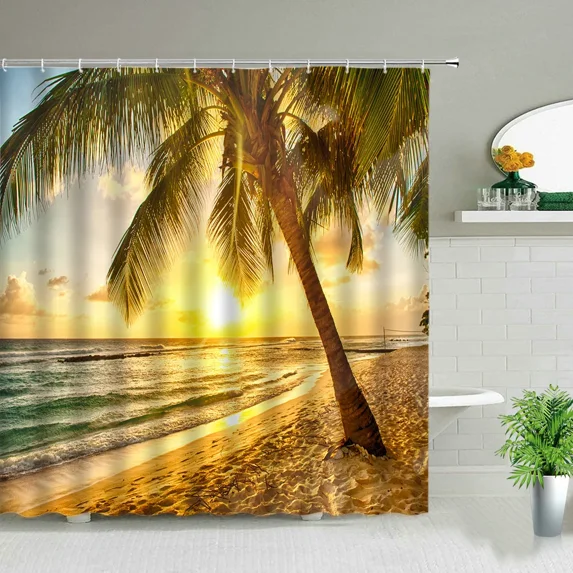 Sunset Dusk Sunlight Beach Shower Curtain Ocean Landscape Green Palm Tree Waterproof Home Bathroom ration Cloth Curtains