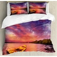 thumbnail image 1 of Sunset Duvet Cover Set, Enchanted Coast with a Rowboat Under Sky Peaceful Nature Image, Decorative 3 Piece Bedding Set with 2 Pillow Shams, Calking Size, Pink and Purple, by Ambesonne, 1 of 3