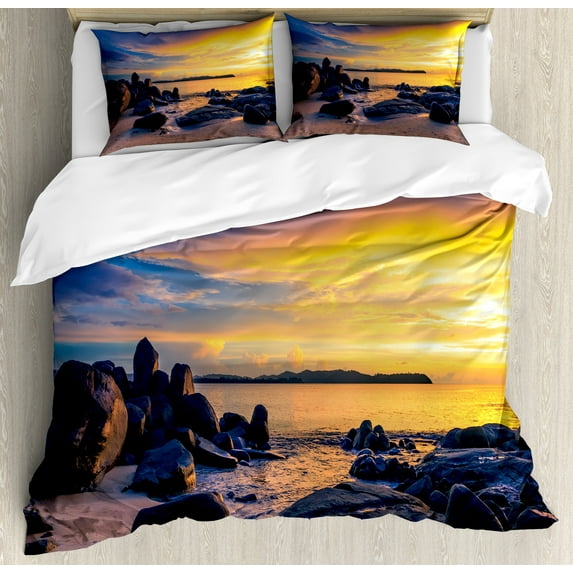Sunset Duvet Cover Set, Horizon Sky at the Beach with Rocks Surreal Tropical Serene Landscape, Decorative 3 Piece Bedding Set with 2 Pillow Shams, Calking Size, Royal Blue Marigold, by Ambesonne