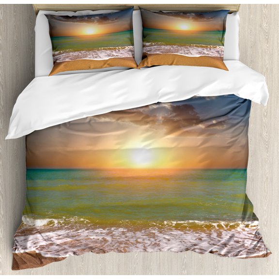 Sunset Duvet Cover Set, Idyllic Scenery at the Beach Dramatic Sky Setting Sun and Ocean Tranquil View, Decorative 3 Piece Bedding Set with 2 Pillow Shams, King Size, Multicolor, by Ambesonne