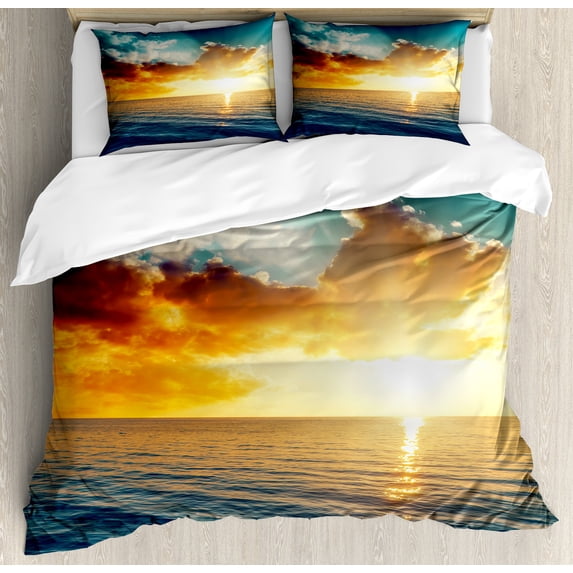 Sunset Duvet Cover Set, Long Exposure Horizon Panorama over Ocean Dramatic Sky Dusk Serene Image, Decorative 3 Piece Bedding Set with 2 Pillow Shams, King Size, Yellow Blue, by Ambesonne