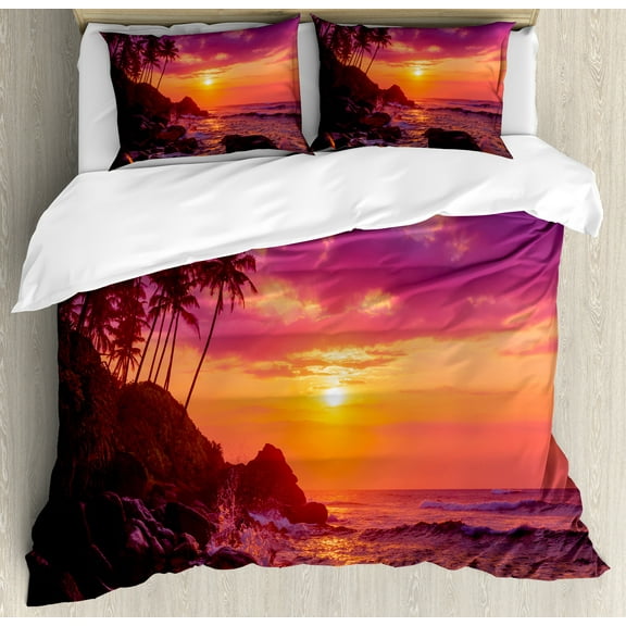 Sunset Duvet Cover Set, Tropical Beach Gradient Coconut Palm Trees Illustration, Decorative 3 Piece Bedding Set with 2 Pillow Shams, King Size, Dark Magenta Burnt Sienna, by Ambesonne
