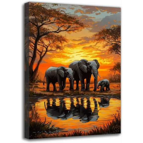 Sunset Elephant Family Canvas Wall Art Print - Framed Wall Decor for Home Bedroom Kitchen Living Room Bathroom Office, Creative Festive Artwork Poster (8W X 12L)