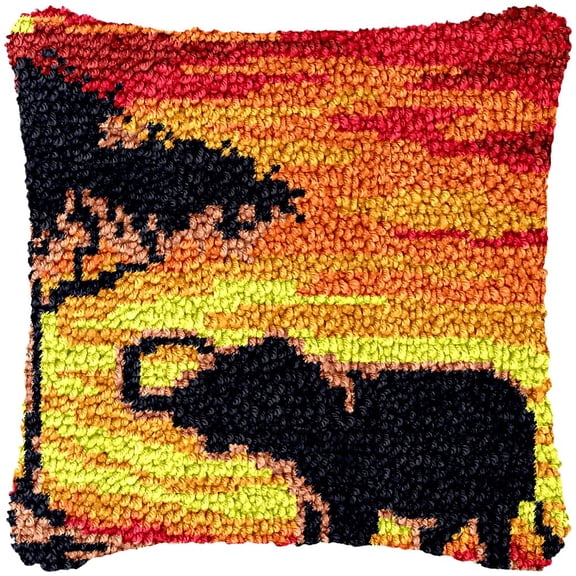 Sunset Elephant Latch Hook Kits Pillow Cover DIY Rug Making Crochet Hook Cushion Making Kits with Preprinted Pattern Canvas DIY Needlework Crochet Kits Sofa Decor 43x43cm