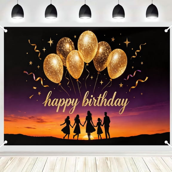 Sunset Family Silhouette Birthday Backdrop, Glitter Gold Balloon Gathering Decor Background 3x5ft