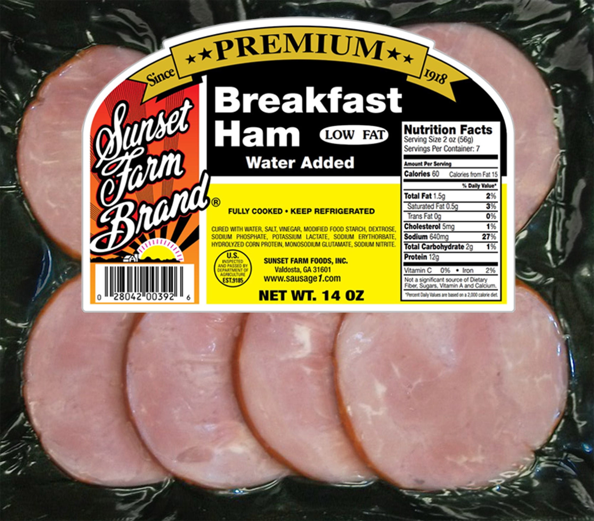 Sunset Farm Foods Smoked Breakfast Ham, 14 oz., 8 Count, Refrigerated