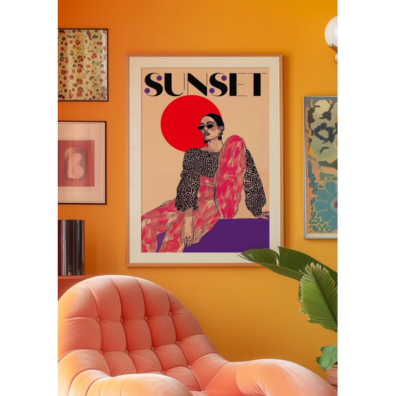 Sunset Fashion Illustration Retro Red Wall Art, Unframed Paper Poster 8x10in