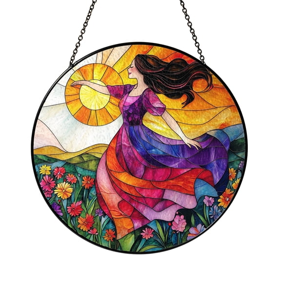 Sunset Field Girl Dancing Suncatcher, Stained Glass Style Spring Window Art