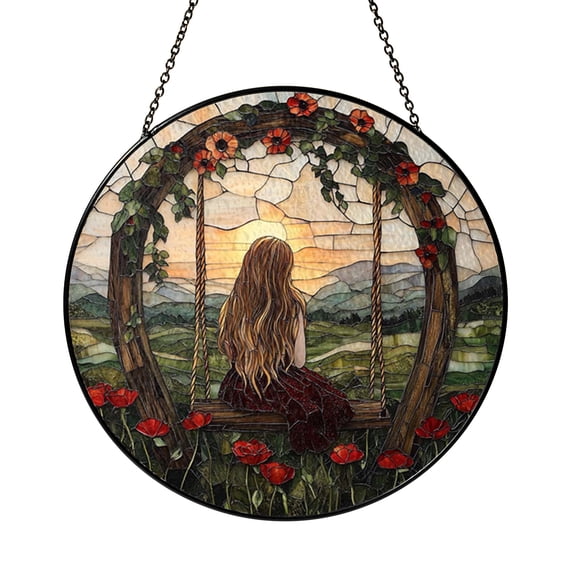 Sunset Field Girl Swing Stained Glass Style Window Decor, Floral Arch Garden Art Hanging Panel, Decorative Glass Accent for Whimsical Interior Space