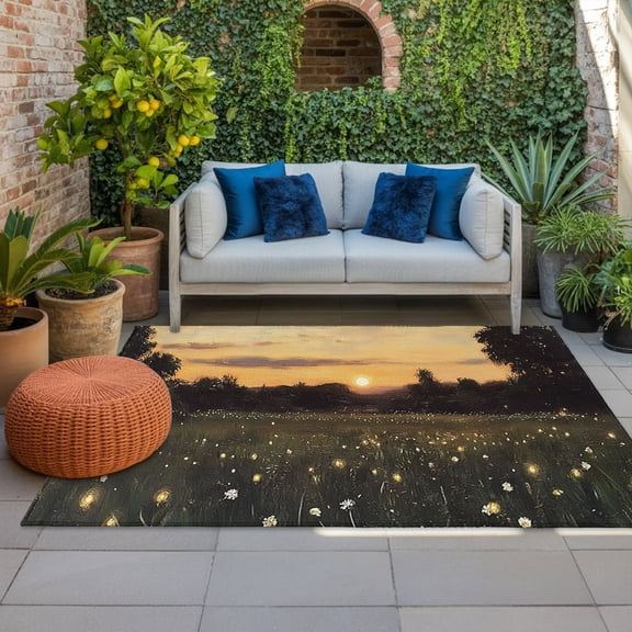 Sunset Field Indoor Outdoor Rugs 3x5 Ft, Rustic Warm Tall Grass Floral Sunset Outdoor Patio Rugs Mat Washable Outside Area Rugs Carpet for Porch Deck RV Camping Pool Balcony Backyard