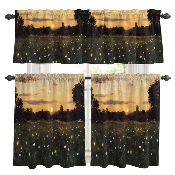 Sunset Field Kitchen Curtains Valances 3 Piece Set, Rustic Warm Tall Grass Floral Sunset Rod Pocket Tier Curtain and Valance Drapes for Small Window 36 Inch Length for Bedroom Cafe