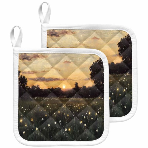 Sunset Field Pot Holders for Kitchen Heatproof Potholder, 2 Pack Pastoral Country Wildflowers Botanical Hot Pads Multipurpose Oven Pads Terry Cloth Potholders Trivet for Cooking and Baking