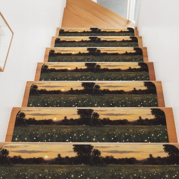 Sunset Field Stair Treads Non Slip for Steps Rustic Warm Tall Grass Floral Sunset 4 Pcs Reusable Adhesive Stair Runner Mats for Dogs Elders Carpet Treads Rugs for Staircase 8x30 In