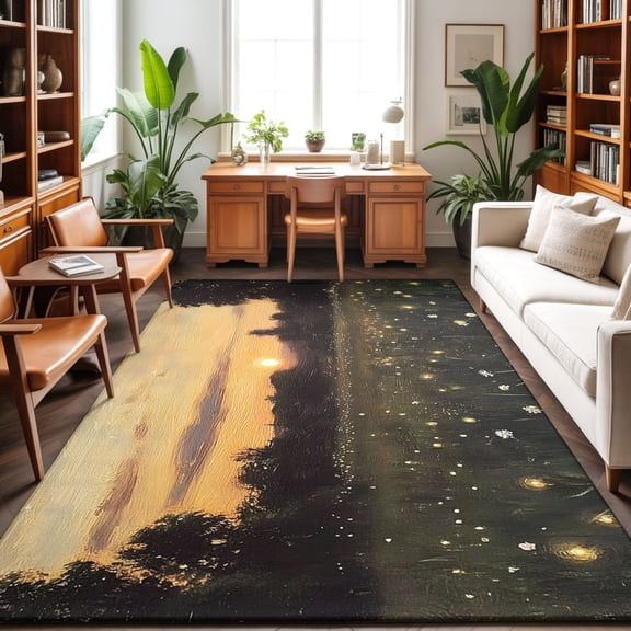 Sunset Field Washable Area Rug 9 x 12 ft Rustic Warm Tall Grass Floral Sunset, Soft Non Slip Rugs Stain Repellent Indoor Felt Carpet for Living Dining Room Bedroom Home Office