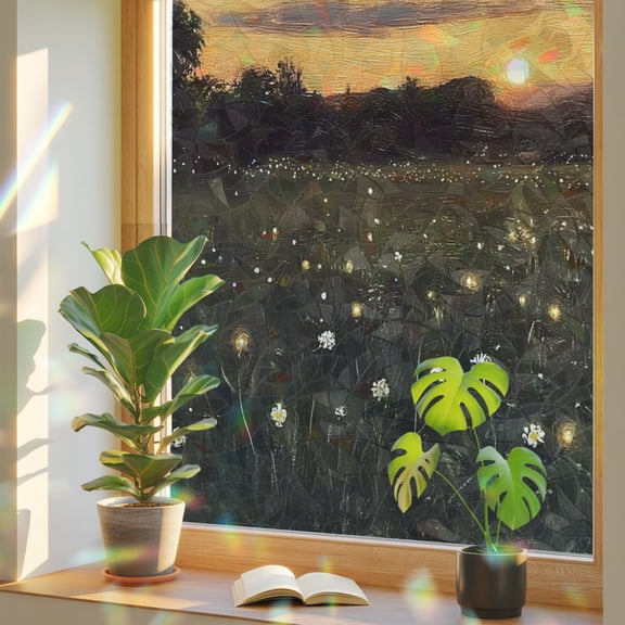Sunset Field Window Privacy Film, Rustic Warm Tall Grass Floral Sunset Stained Glass Rainbow Film Decorative Window Clings, Static Cling Sun Blocking Stickers 17.7" x 39.3"