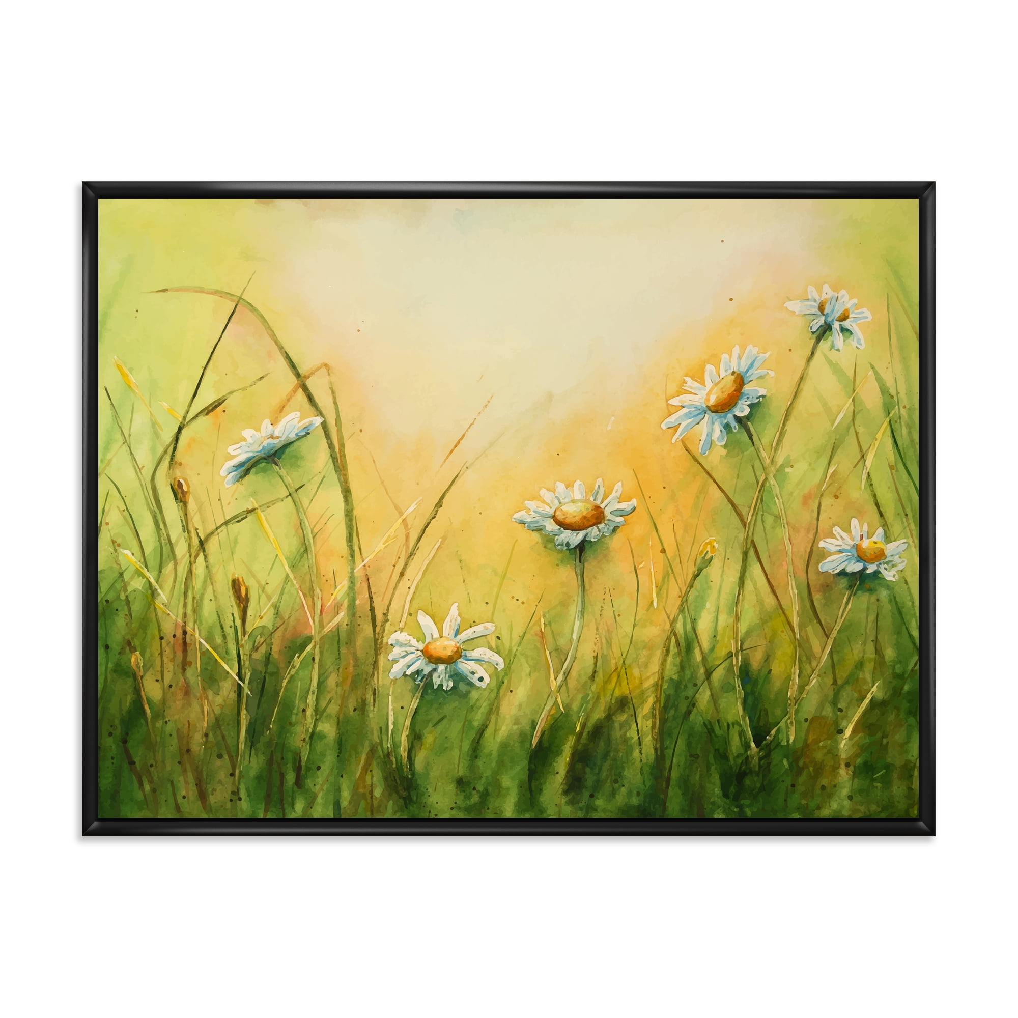 Sunset Field With Herbs and Chamomiles 40 in x 30 in Framed Painting Canvas Art Print, by Designart