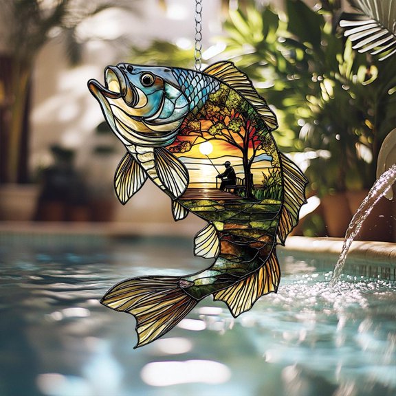 Sunset Fisherman Acrylic Suncatcher – Acrylic Suncatcher Window Hanging with Bass Fish Silhouette and Lake Scene, Gift for Outdoorsmen