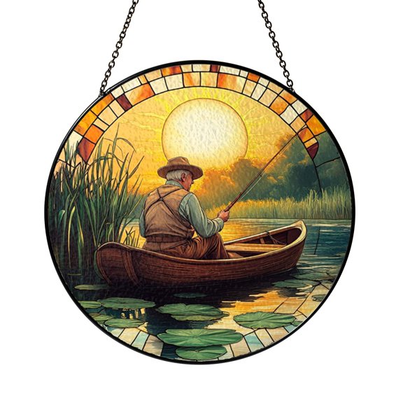Sunset Fishing Scene Round Suncatcher – Stained Glass Style Window Decoration