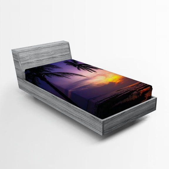 Sunset Fitted Sheet, Exotic Landscape Photo of Tropical Tall Palm Tree Silhouette and Ocean at Dawn, Soft Decorative Fabric Bedding, Twin Size, Multicolor, by Ambesonne