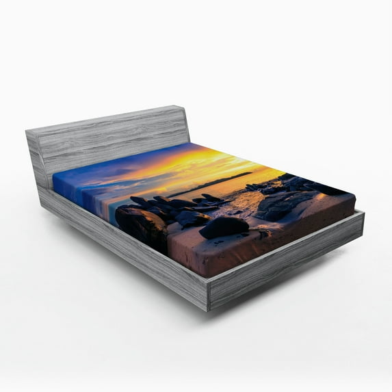 Sunset Fitted Sheet, Horizon Sky at the Beach with Rocks Surreal Tropical Serene Landscape, Soft Decorative Fabric Bedding, Full Size, Royal Blue Marigold, by Ambesonne