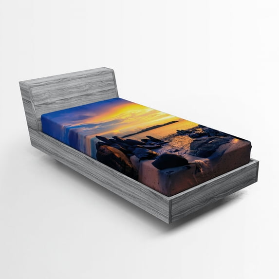 Sunset Fitted Sheet, Horizon Sky at the Beach with Rocks Surreal Tropical Serene Landscape, Soft Decorative Fabric Bedding, Twin Size, Royal Blue Marigold, by Ambesonne