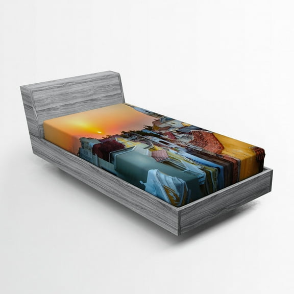 Ambesonne Sunset Fitted Sheet, Rooftops Old City Coast, Twin Size, Multicolor