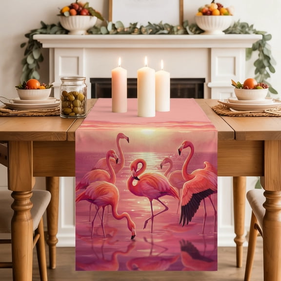 Sunset Flamingos Dining Table Runner, Summer Dreamy Tropical Beach Coastal Red Sun Washable Table Runners Kitchen Coffee Table Center Decor for Home Party Holiday Wedding 13 x 60 Inches