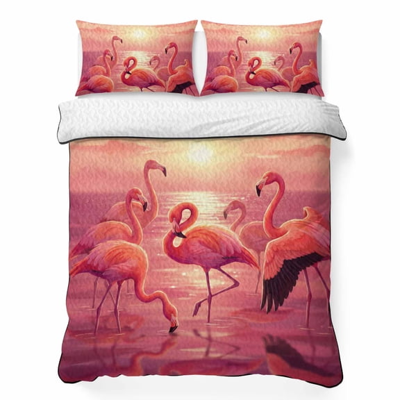 Sunset Flamingos Full Quilt Bedding Set, Summer Dreamy Tropical Beach Coastal Red Sun Lightweight Comforter with 2 Pillow Shams Bedroom Bedspread Set Home Decor for All Seasons