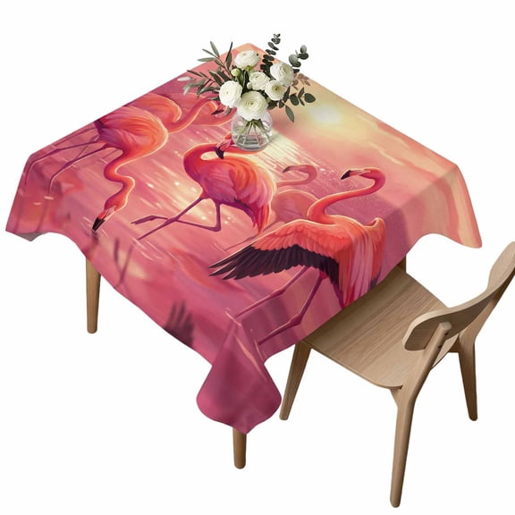 Sunset Flamingos Square Tablecloth Summer Dreamy Tropical Beach Coastal Red Sun Waterproof Wrinkle Free Soft Table Cloth Spill-Proof Washable Table Cover for Dining Party Picnic 54 x 54 Inch