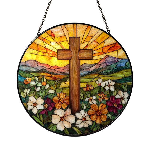 Sunset Floral Cross Stained Glass Style Suncatcher Window Hanging Inspirational Christian Decor