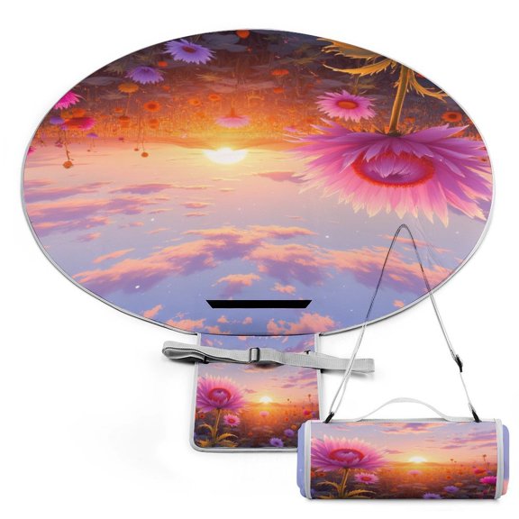 Sunset Floral Meadow 58" Round Waterproof Picnic Blanket - Foldable Outdoor Mat Extra Large, Durable for Grass, Beach Or Park