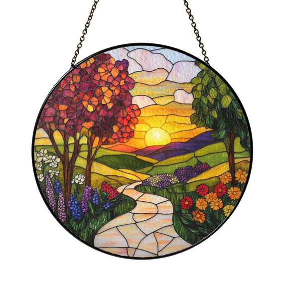 Sunset Floral Stained Glass Suncatcher Window Hanging, Vibrant Garden Art Decor for Spring Summer Homes