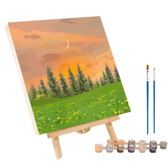 Sunset Flower Landscape Paint By Numbers Kit for Adults & Kids | Hand Painted Oil Wall Picture Art Decor | 7.88x7.88 Inch Canvas with Frame & Pigments