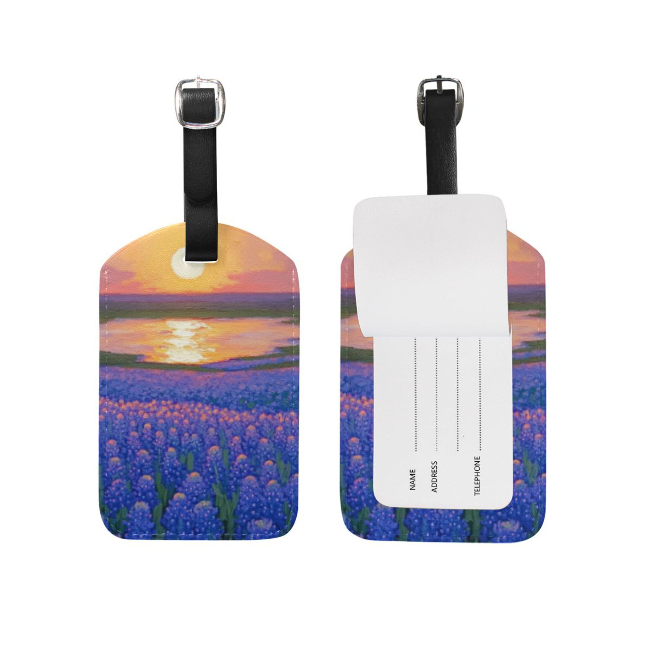 Luggage Label Spring Sunset Flower Sea Luggage Tags PU Leather Name ID Labels for Suitcase ...