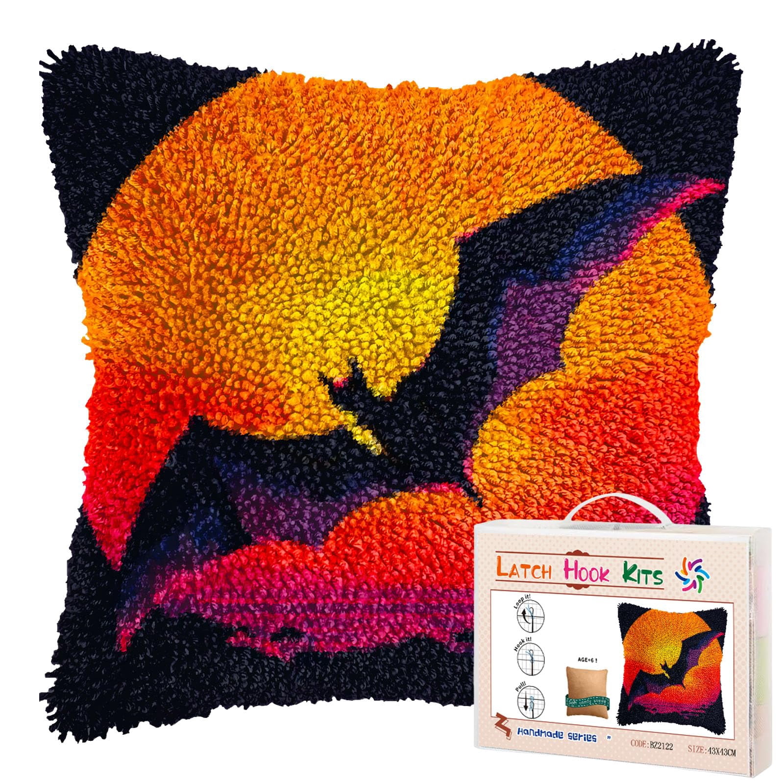 Sunset and Flying Bat DIY Latch Hook Pillow Kits for Adults Printed Pillowcase Crochet Yarns Hooking Handmade Pillow Cover Cushion for Home Sofa Decoration 17x17inch